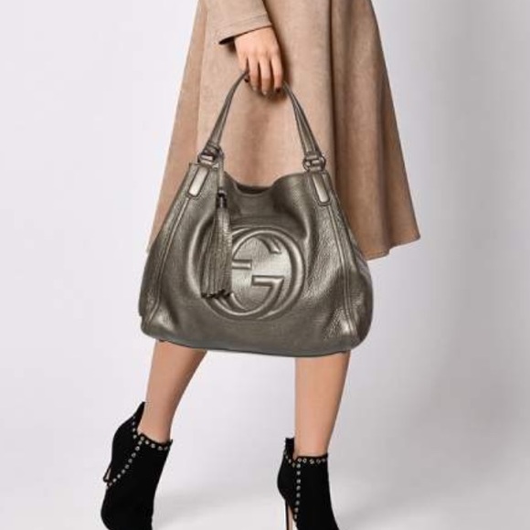 Gucci Handbags - Authentic Gucci Large Soho Pewter Working Tote Dark Gray Gunmetal Handbag